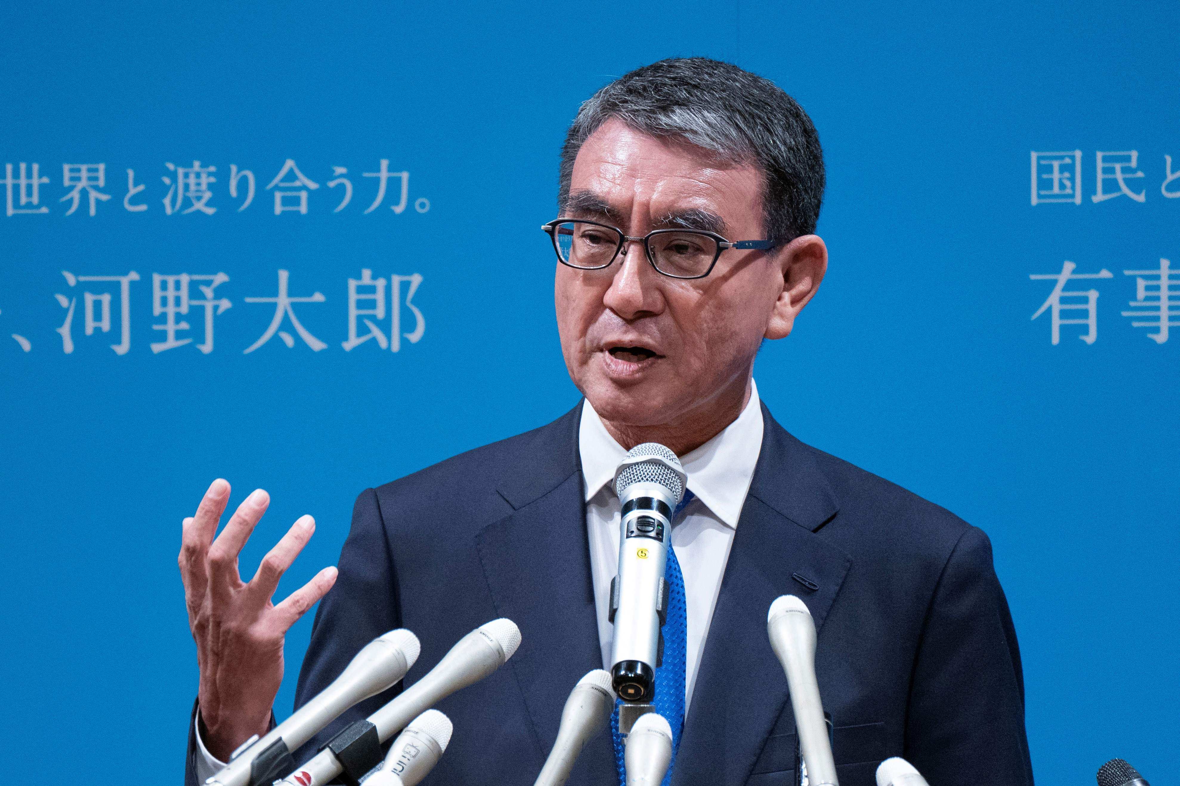 Japan’s Digital Minister Taro Kono announces his intention to run in the ruling Liberal Democratic Party’s presidential election, in Tokyo on Monday. Photo: AFP