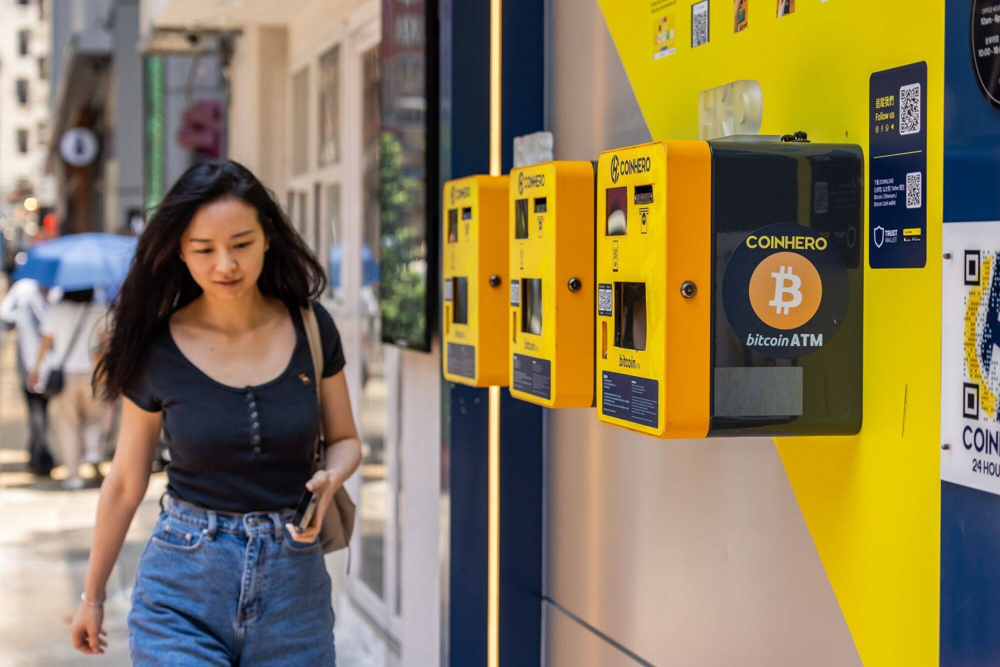 Cryptocurrency ATMs, operated by Coinhero, are seem in Hong Kong. File photo: Bloomberg