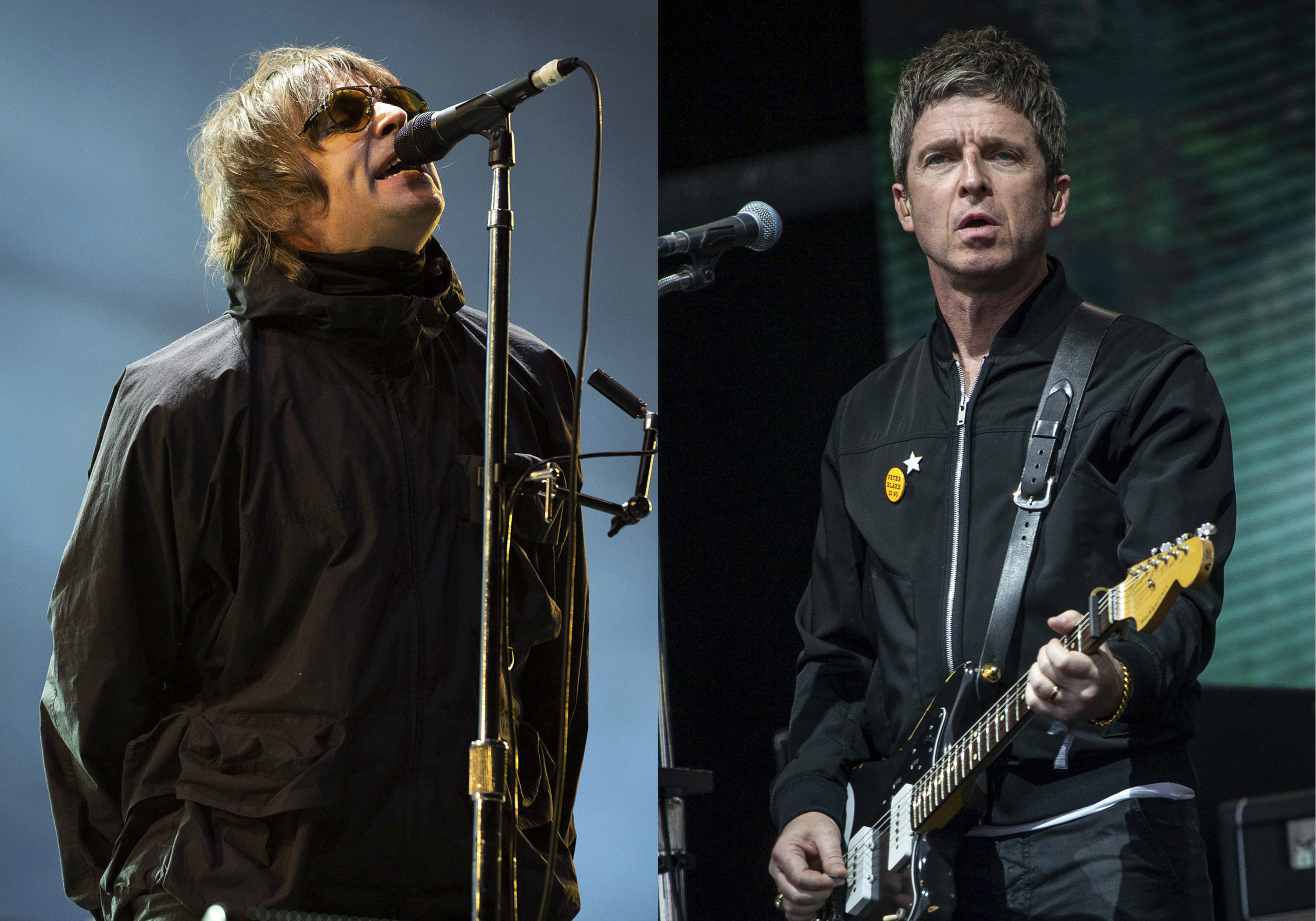 Liam Gallagher performs at the Reading Music Festival in England in 2021 (left), and Noel Gallagher performs at the Glastonbury Festival in England in 2022. The frontman and lead guitarist of Britpop band Oasis have announced the band are re-forming after 15 years, and will go on a reunion tour in 2025. Photo: AP