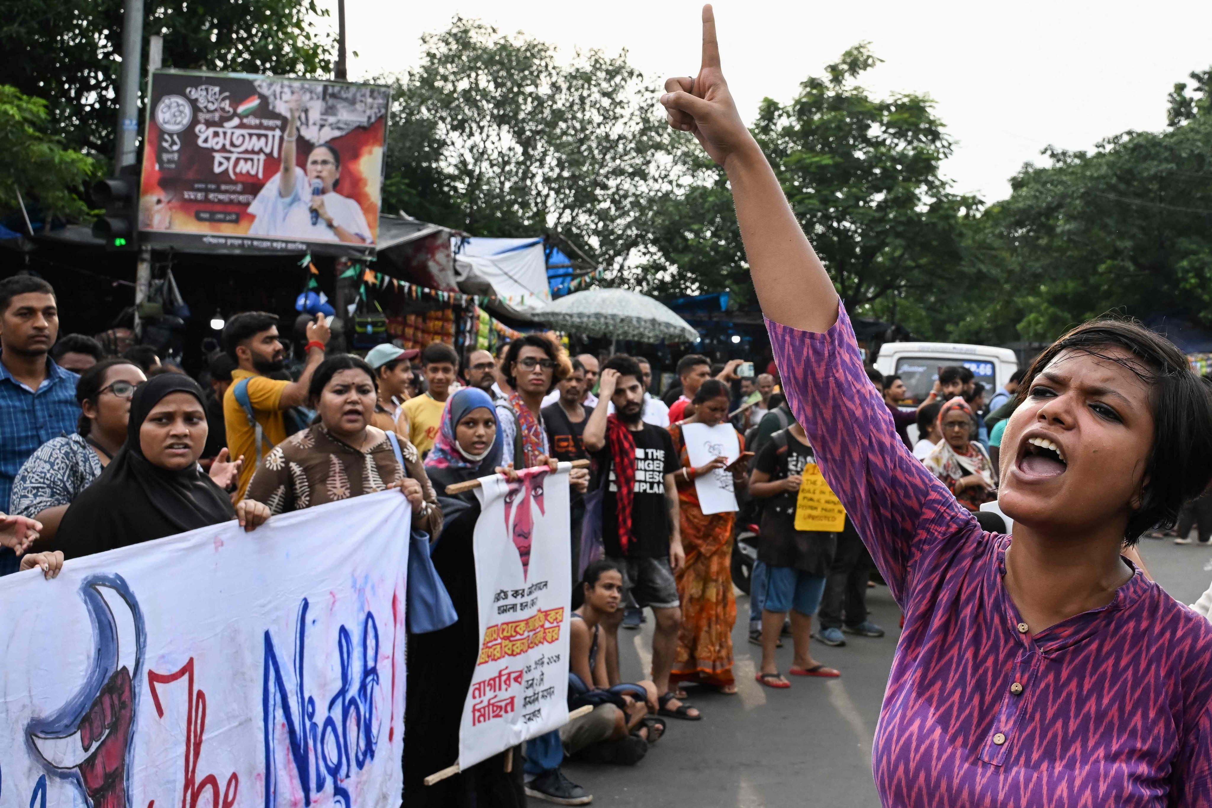 Activists at a protest rally condemn the rape and murder of a doctor in Kolkata. Photo: AFP