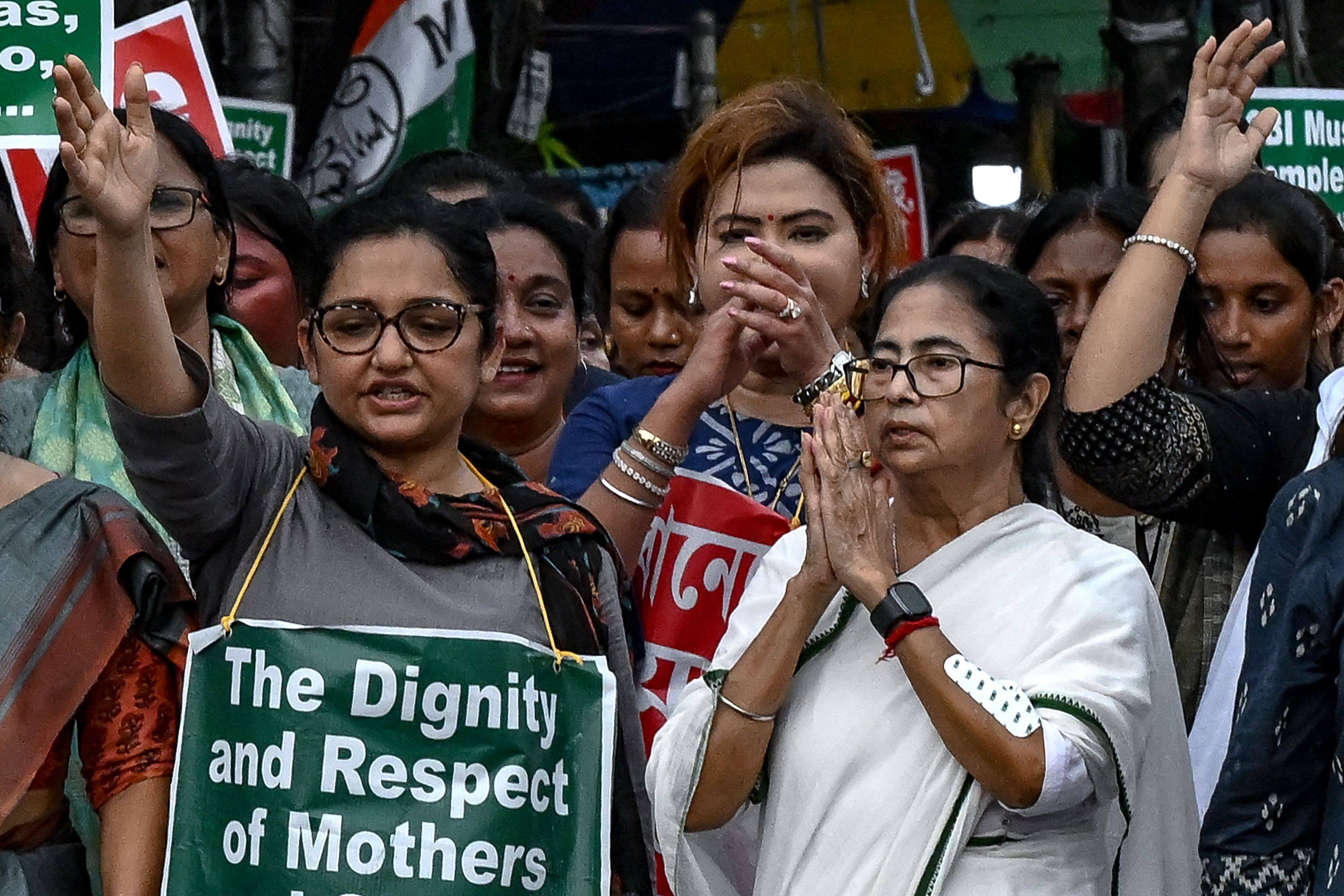 Mamata Banerjee, Chief Minister of India’s West Bengal state, takes part in a protest rally to condemn the rape and murder of a doctor in her state’s capital, Kolkata, on August 16. Photo: AFP