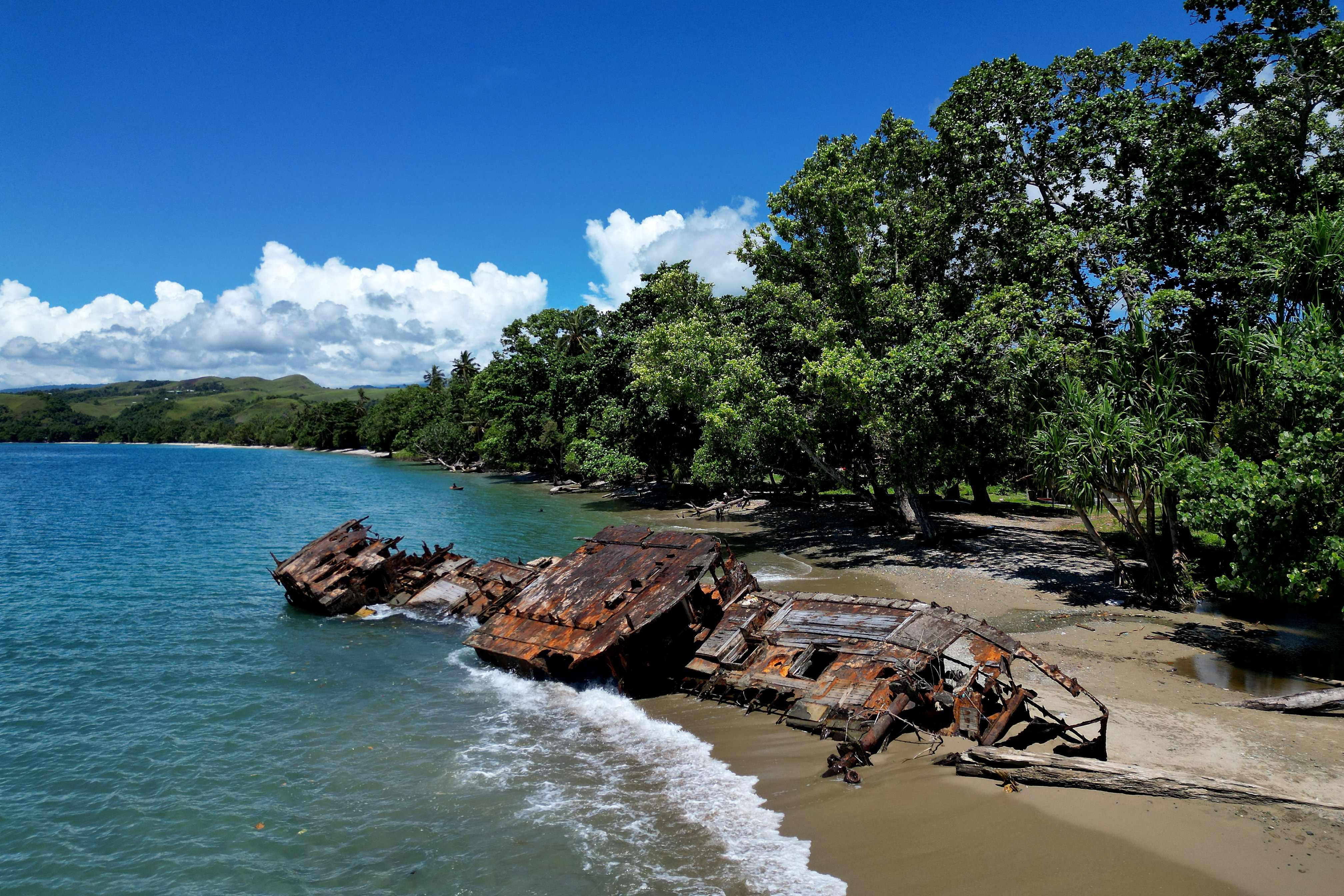 A washed-up shipwreck on the shoreline on the outskirts of Honiara, capital city of the Solomon Islands. United Nations Secretary General Antonio Guterres warned on Tuesday of the “grave danger” rising sea levels posed to the Pacific islands. Photo: AFP